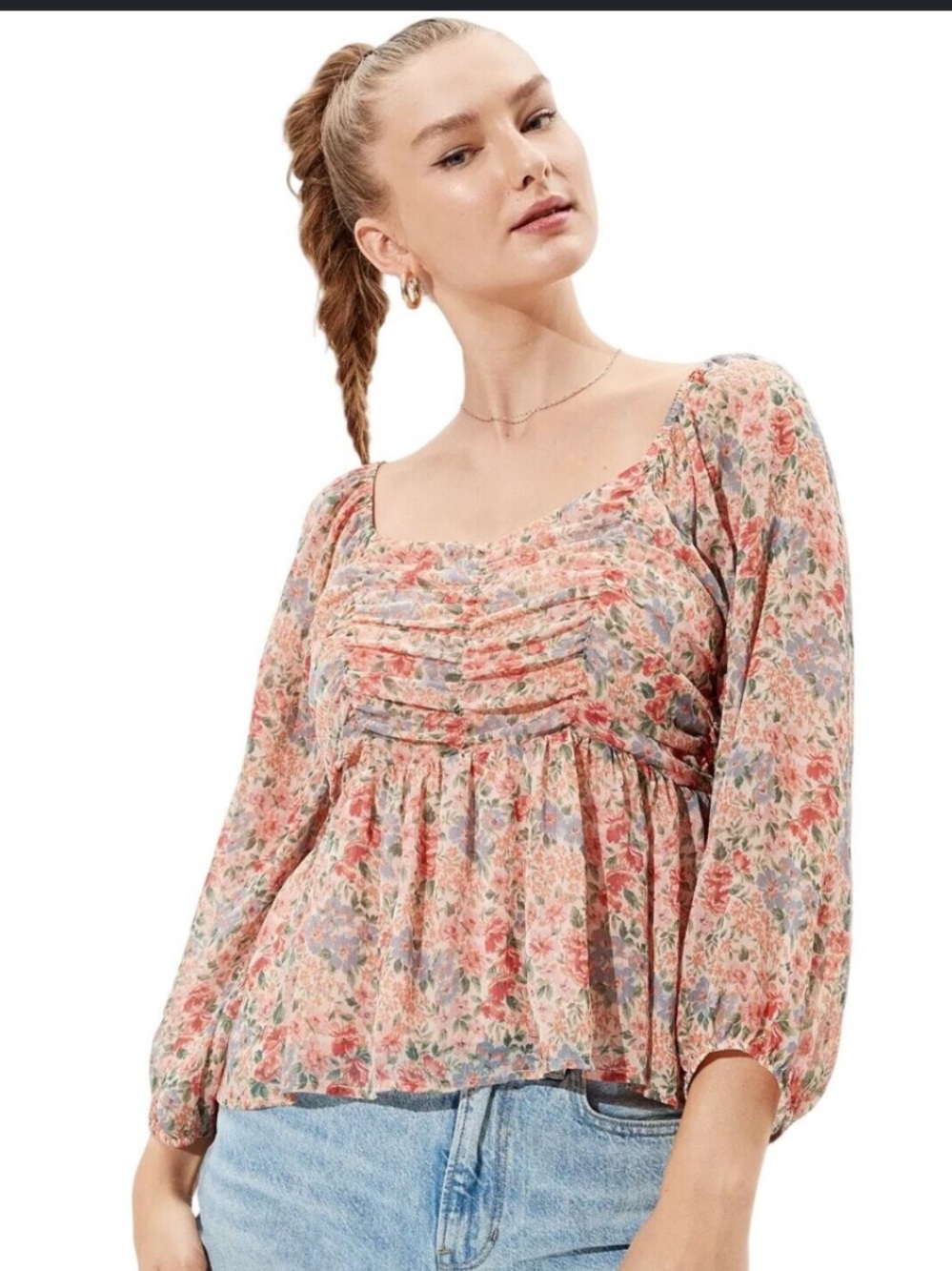 American Eagle Outfitters Floral Peasant Blouse - coral, green, Cream